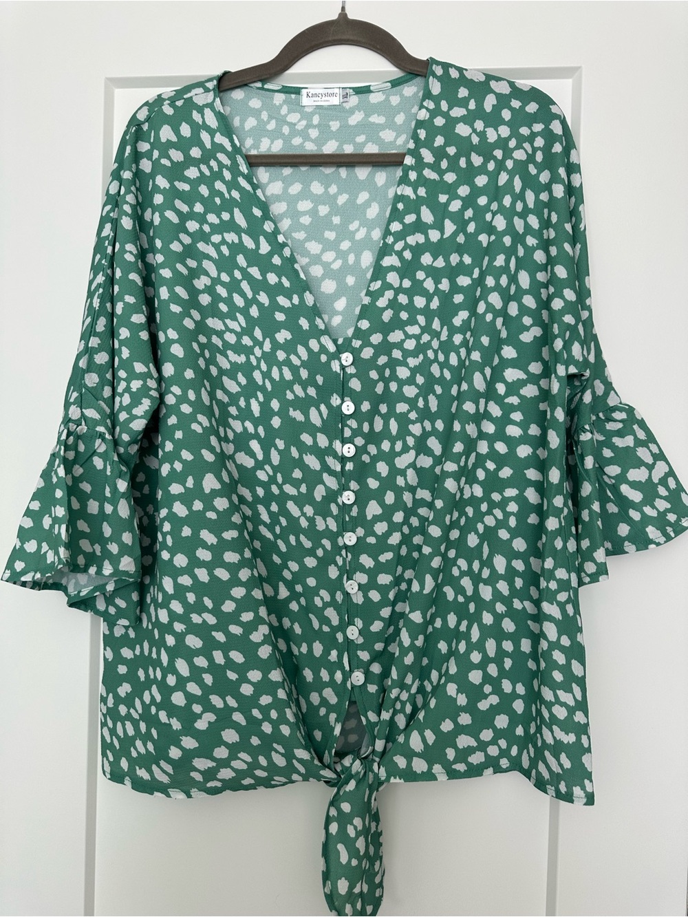 Green and White tie front top